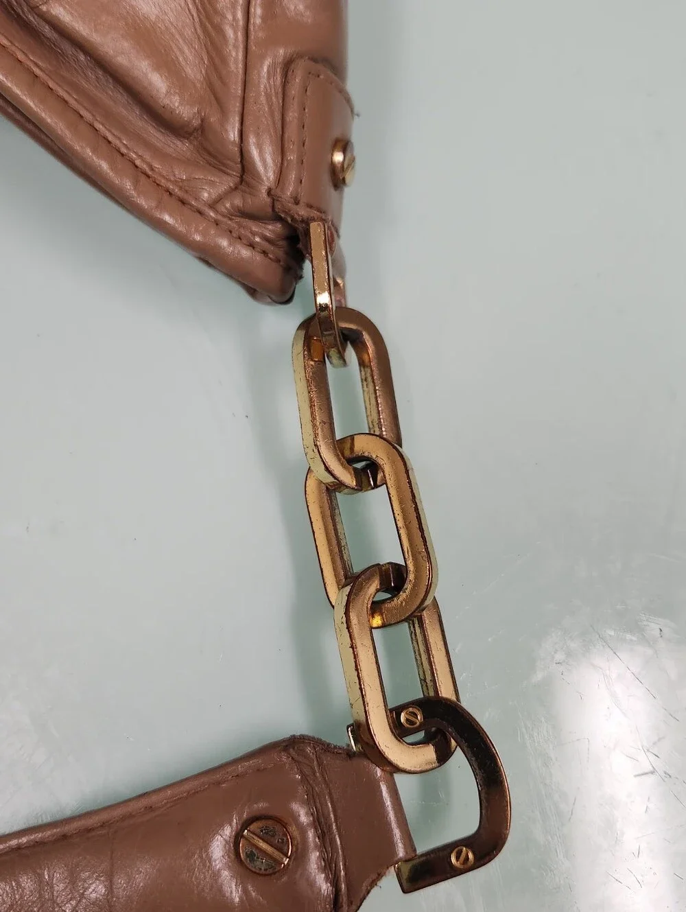 Tory Burch Taupe Brown Leather Shoulder Bag with Gold Logo